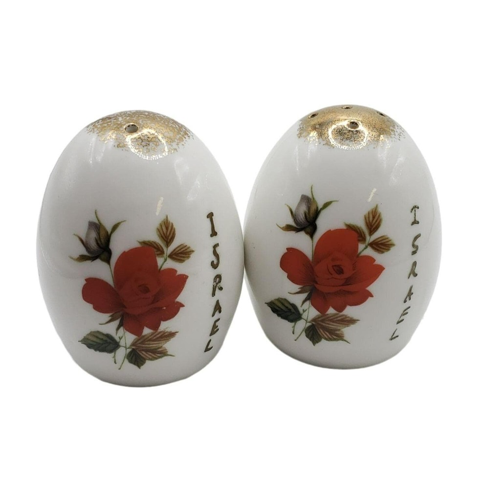 Vintage Porcelain Salt & Pepper Shakers With Red Rose Design & Gold Accents Isra